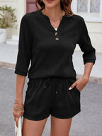 Textured Notched Top Drawstring Shorts Set