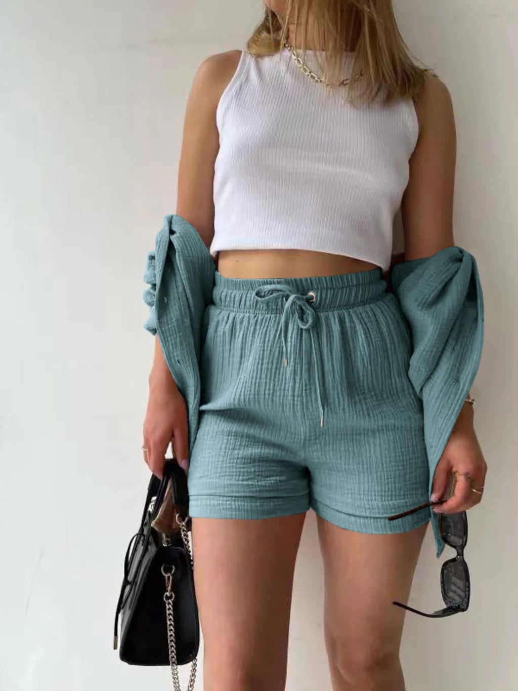 Button Up Shirt Shorts Set (26)