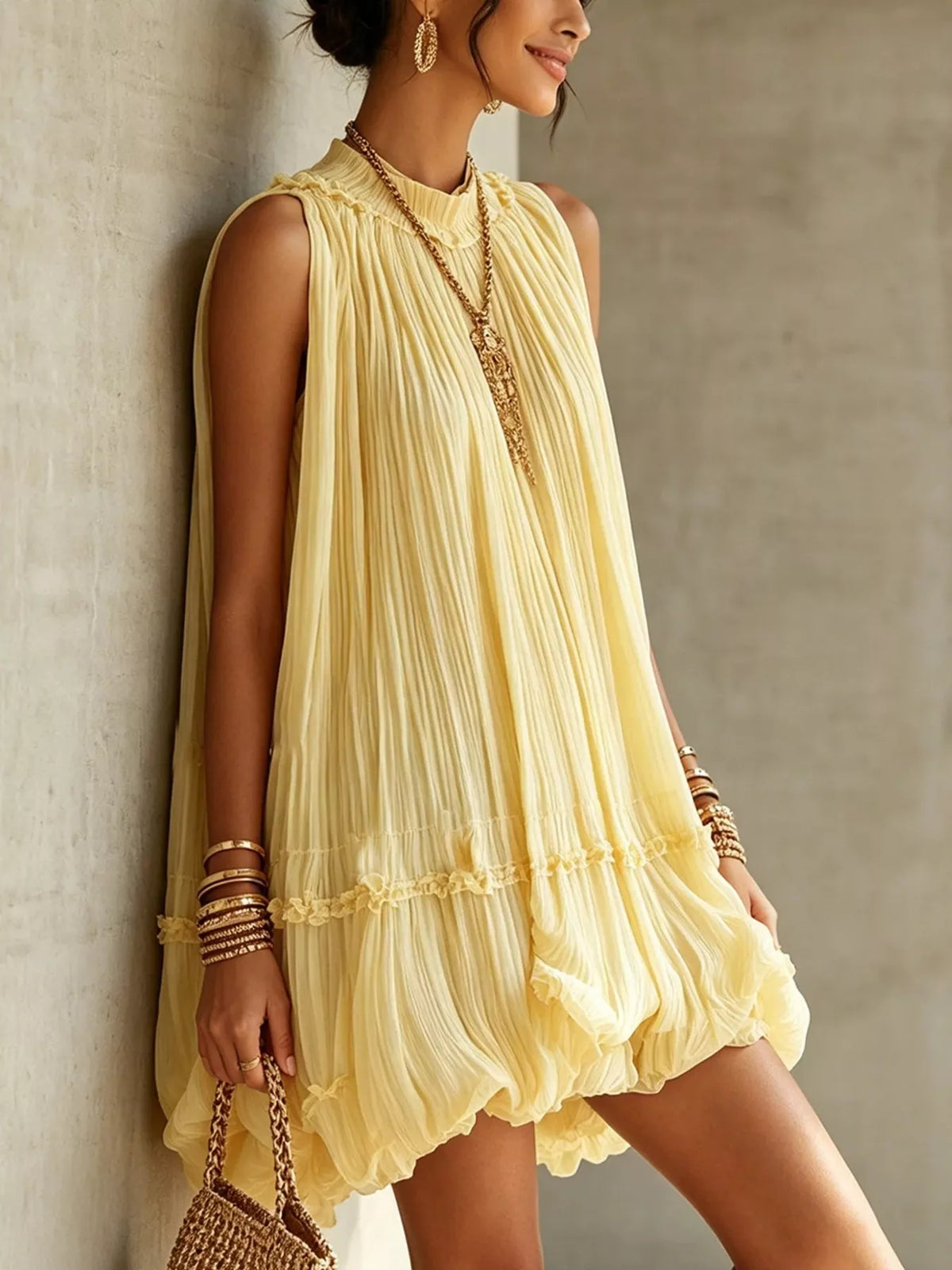 Pleated Mock Neck Sleeveless Mini Dress (5)