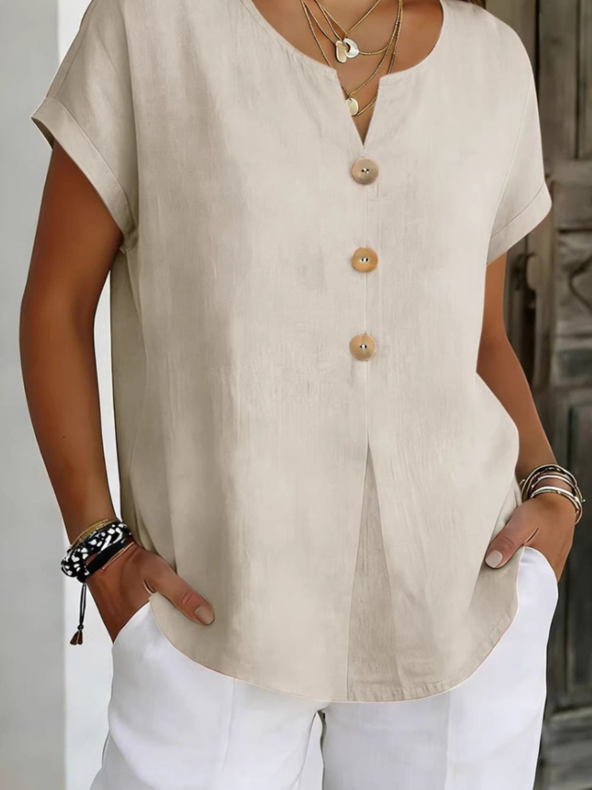 Decor Button Short Sleeve Blouse (12)