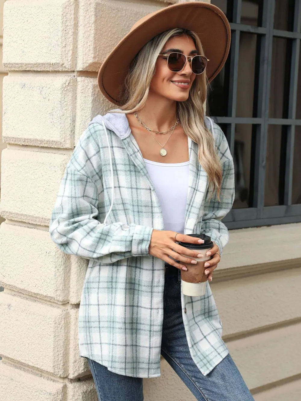 Drawstring Plaid Button Up Hooded Jacket (6)