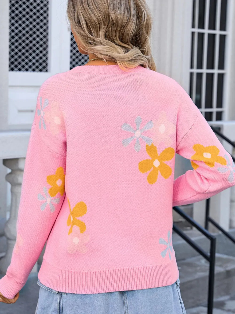 Flower Round Neck Dropped Shoulder Sweater (2)