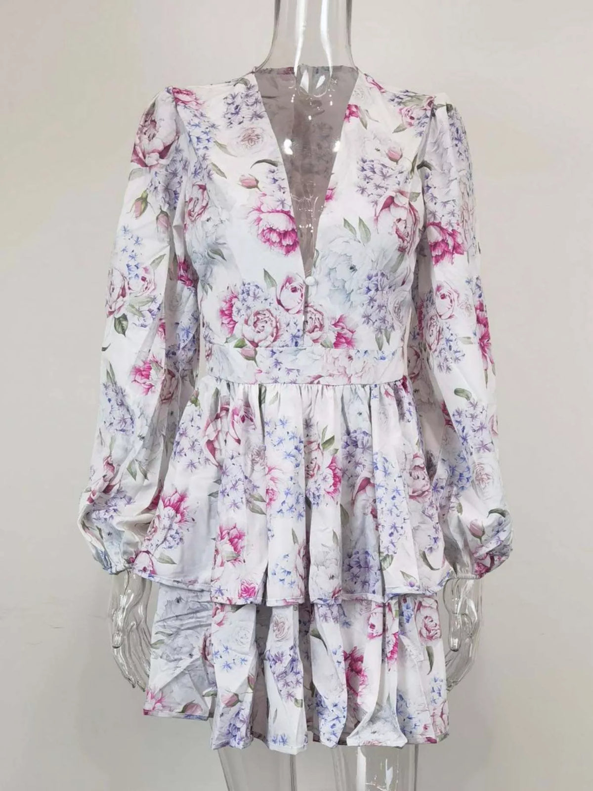 Floral Print Ruffle Layered Mini Dress (4)