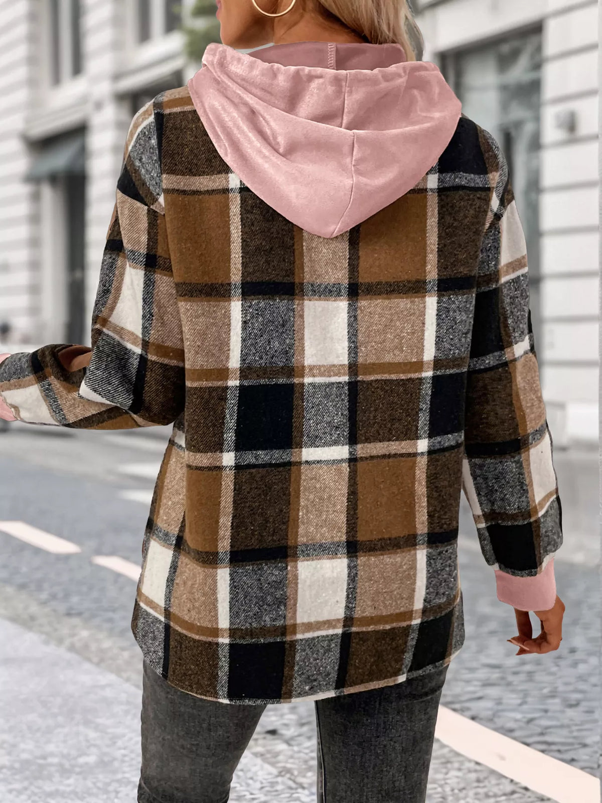 Plaid Drawstring Long Sleeve Hoodie (19)