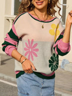 Floral Striped Sleeve Round Neck Sweater (9)