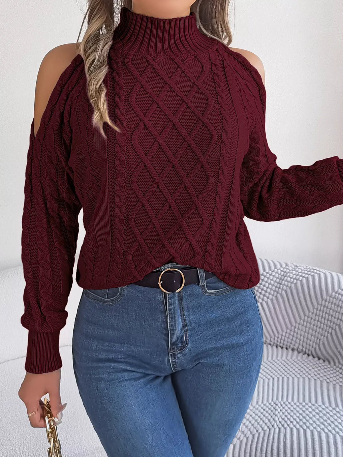 Cable Knit Cold Shoulder Turtleneck Sweater (15)