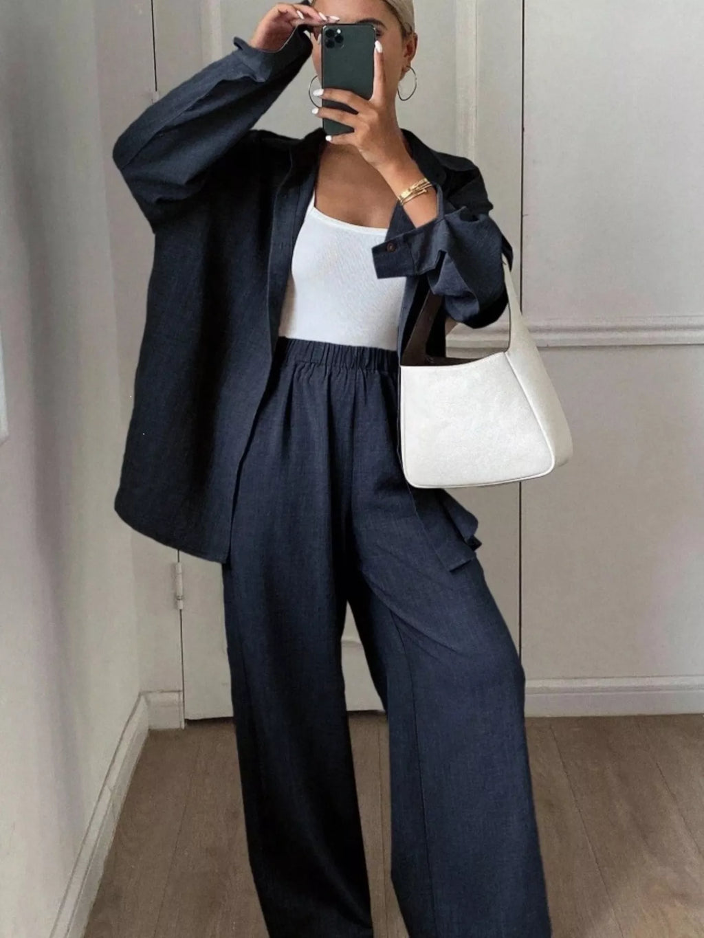 Button-down Shirt Wide-leg Pants Set (8)