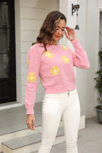 Flower Pattern Round Neck Short Sleeve Pullover Sweater (3)