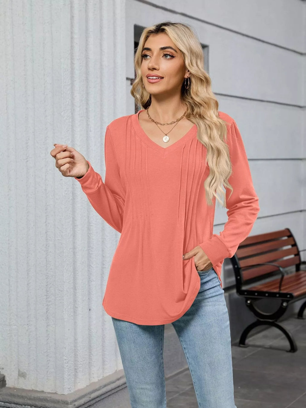 V-neck Long Sleeve Relaxed Fit T-shirt (28)