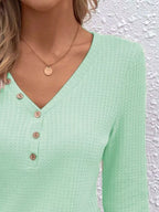 Waffle Knit Button-detail V-neck T-shirt (11)