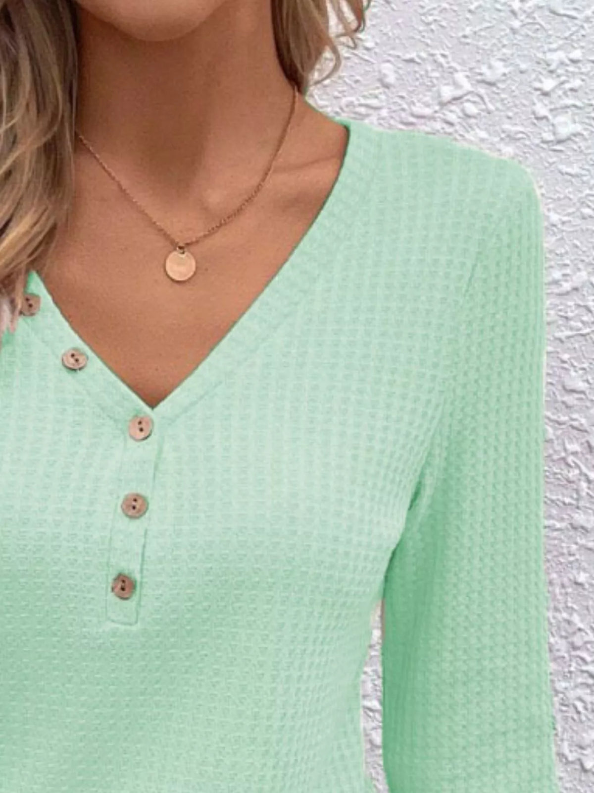 Waffle Knit Button-detail V-neck T-shirt (11)