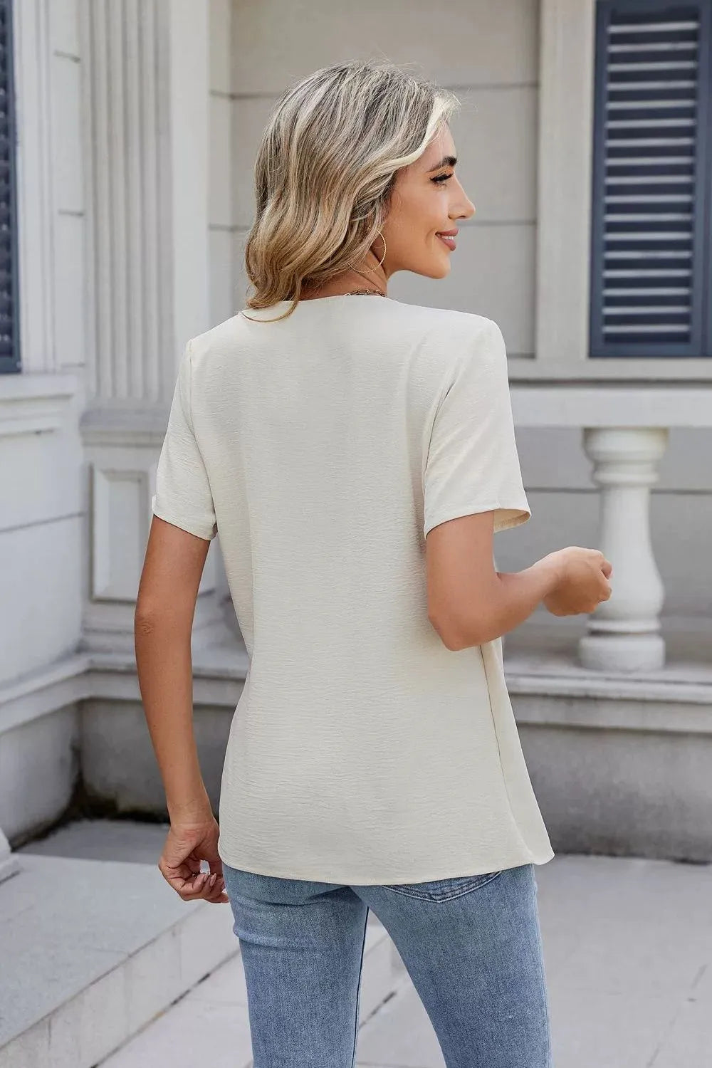 Solid Color Surplice Short Sleeve Blouse (5)
