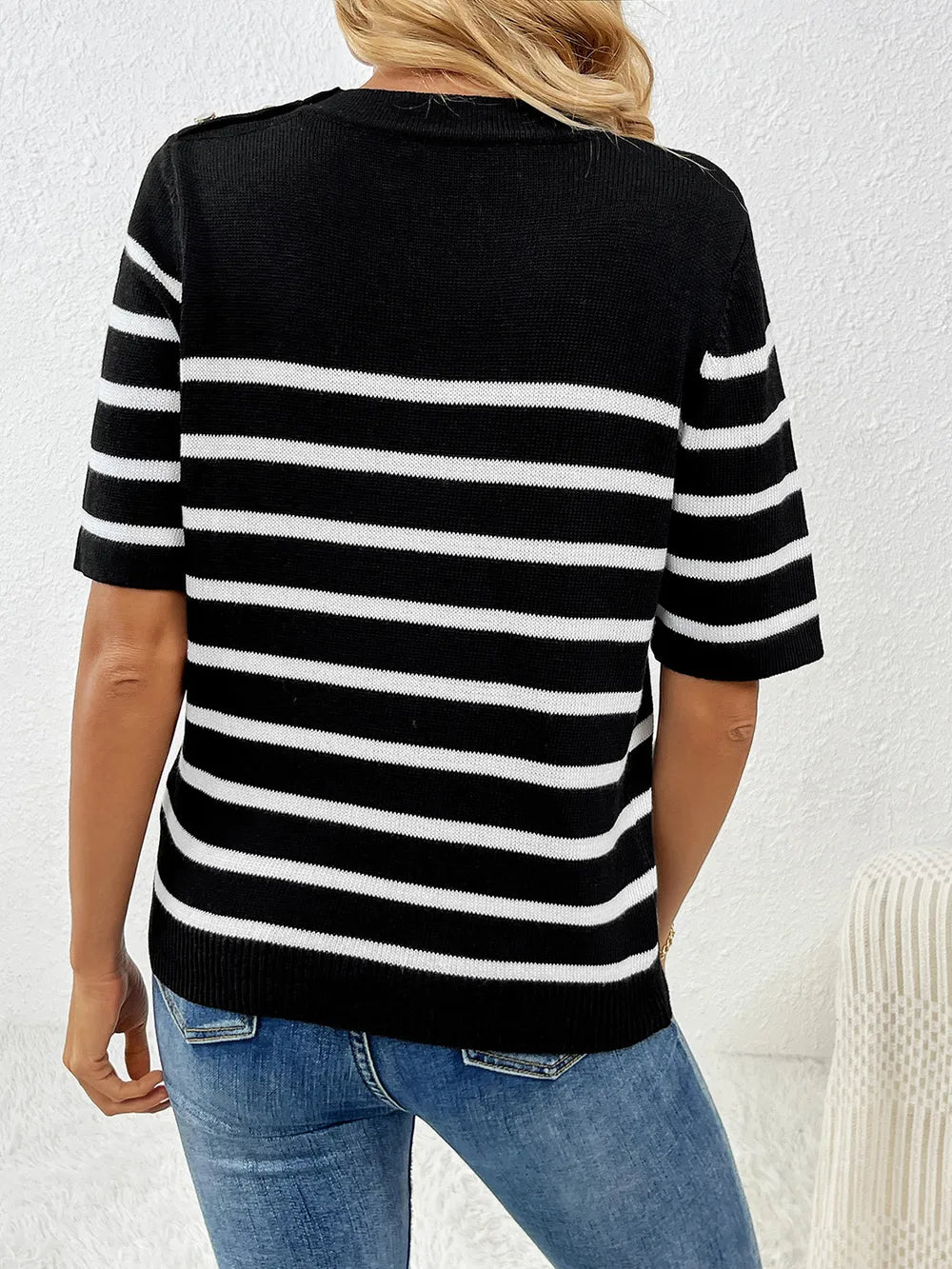 Striped Round Neck Half Sleeve Knit Top (2)