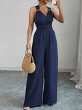 Sleeveless V-neck Wide-leg Jumpsuit O-ring Detail