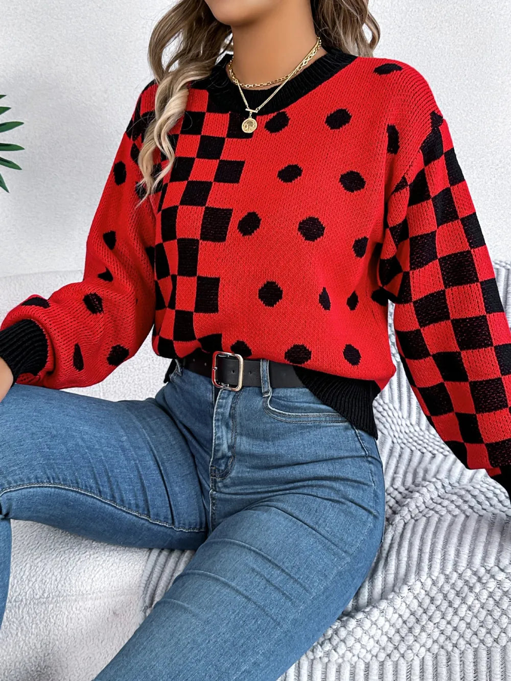 Plaid Round Neck Long Sleeve Sweater (12)