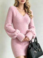 V-neck Fuzzy Knit Sweater Dress (8)