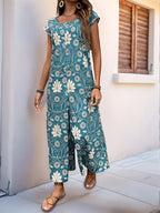 Printed Round Neck Cap Sleeve Wide Leg Jumpsuit (5)