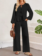 Tie Neck Balloon Sleeve Top Pants Set (12)
