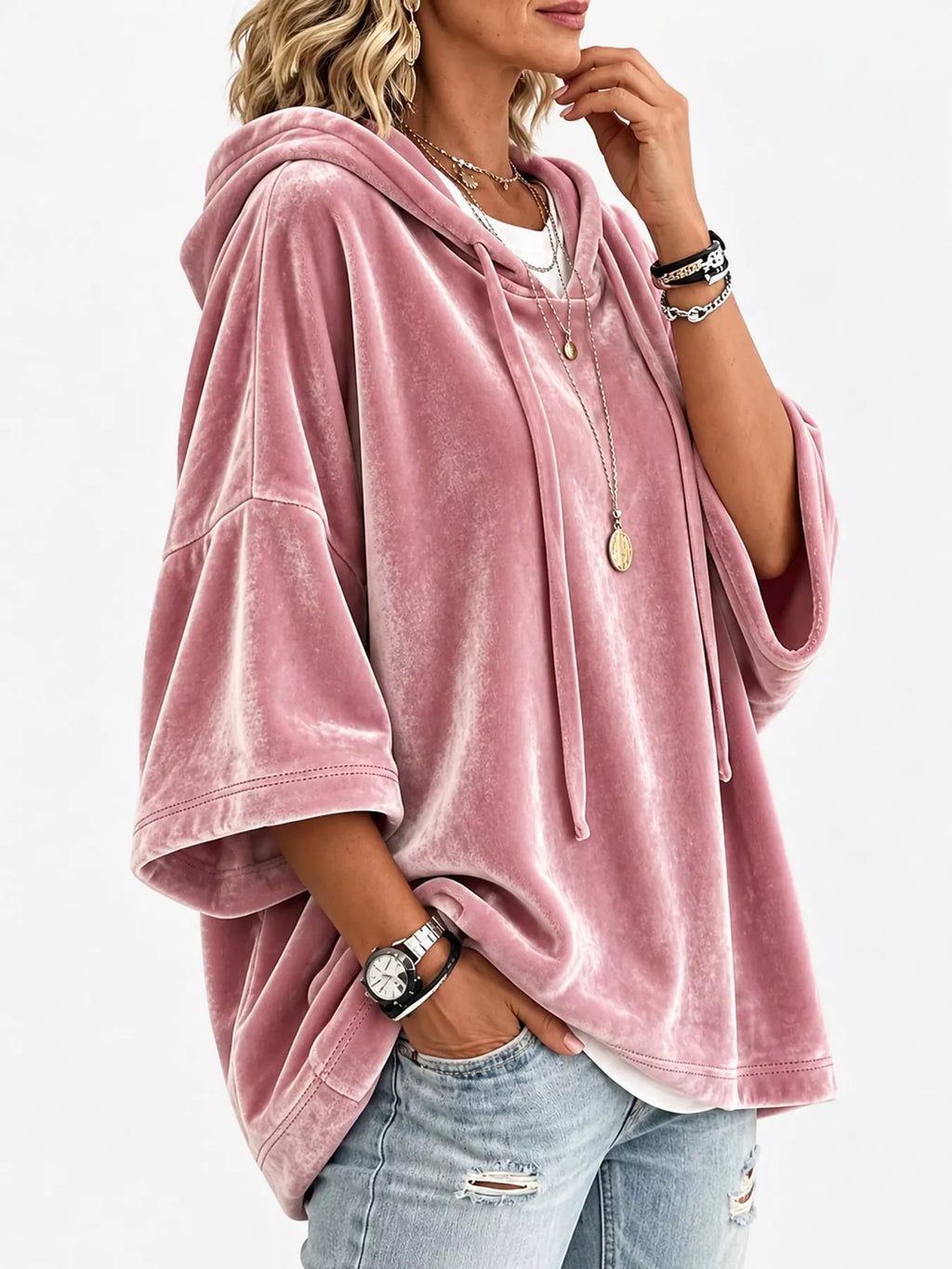 Full Size Velvet Half Sleeve Hoodie Drawstring Plus (16)