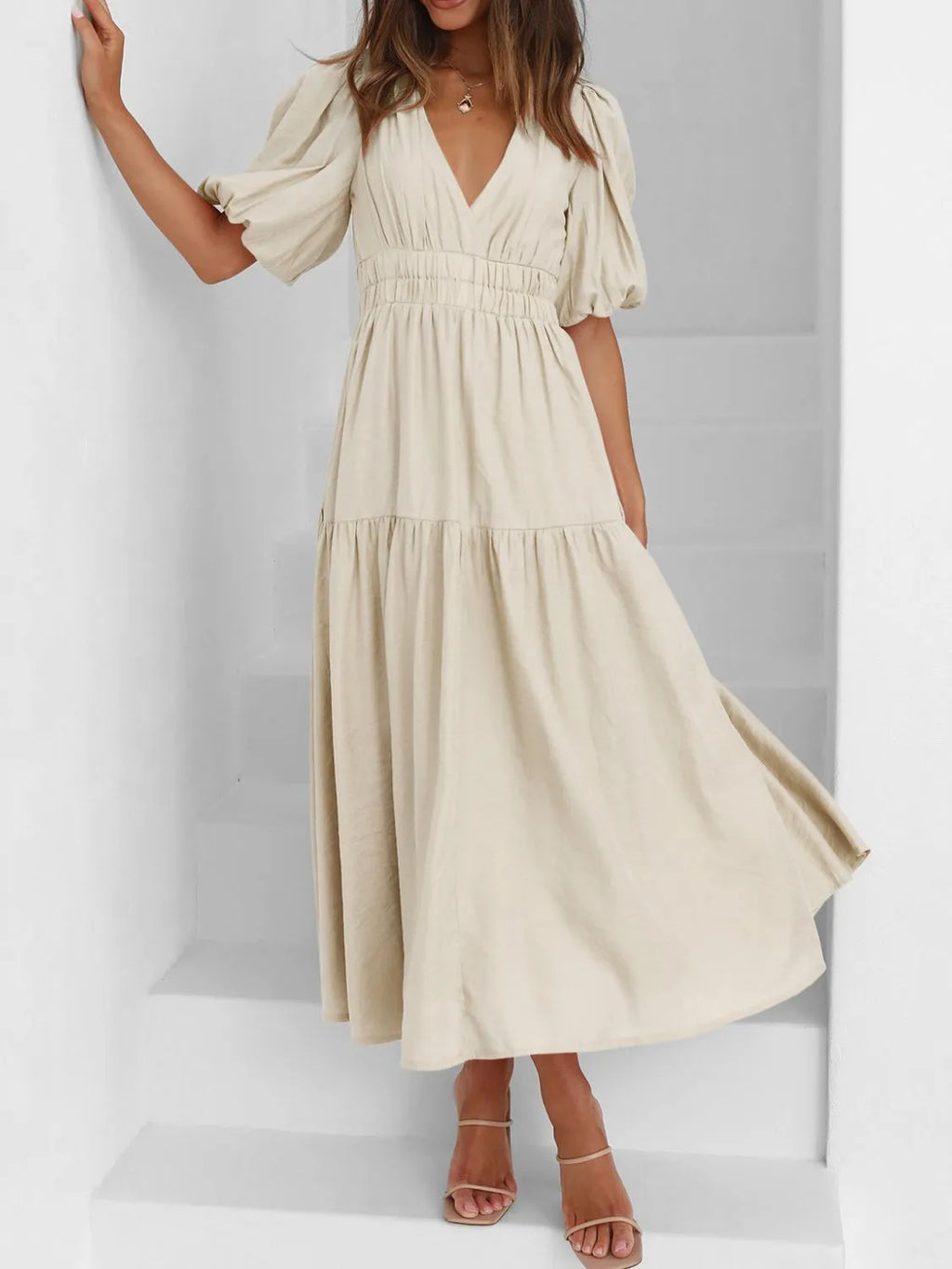 V-neck Puff Sleeve Midi Dress (11)