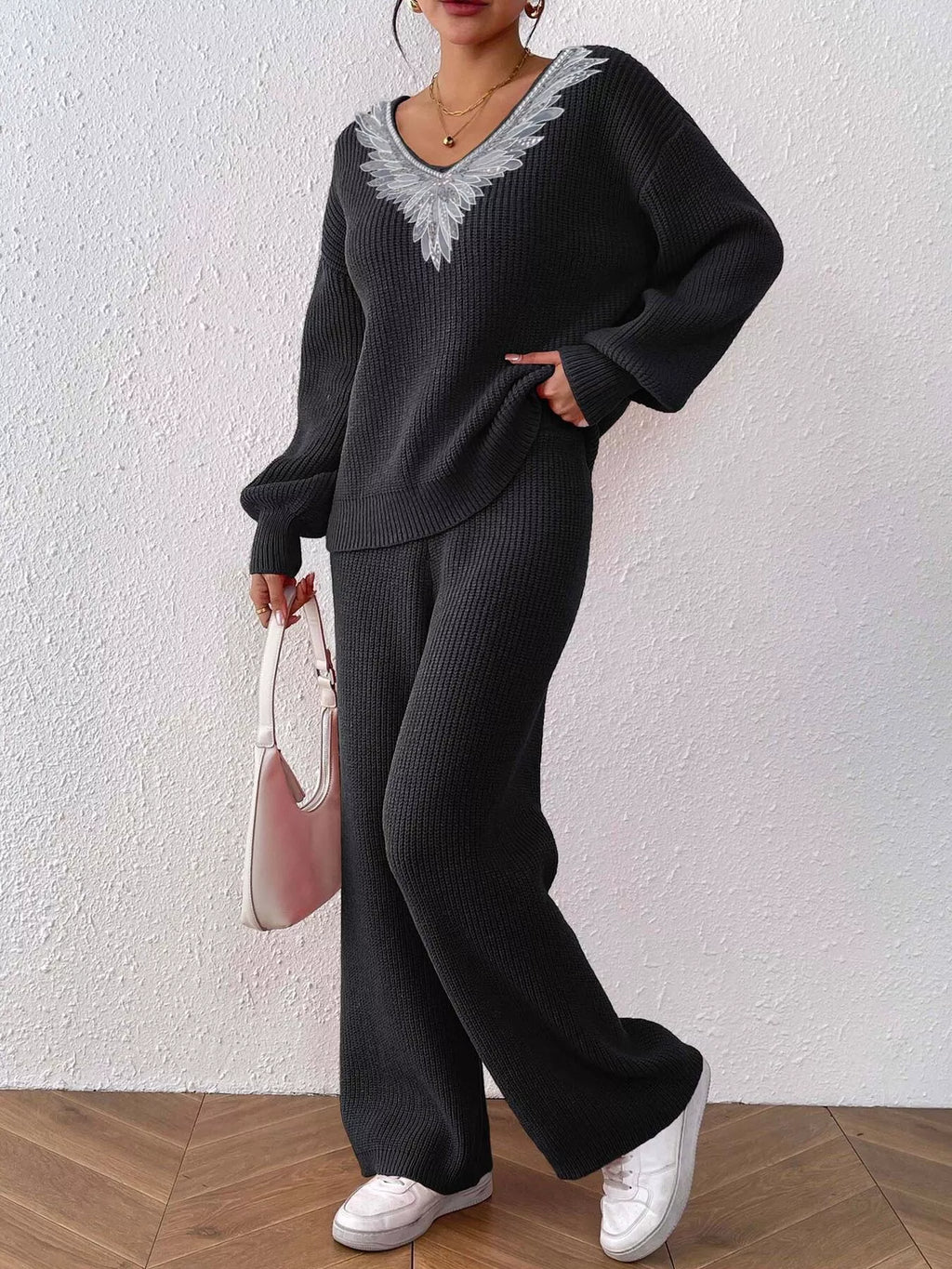V-neck Sweater Pants Set (7)