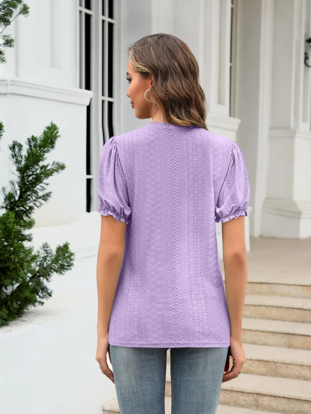 Eyelet Round Neck Short Sleeve Blouse (18)