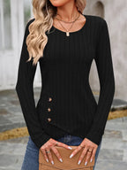 Decorative Button Round Neck Long Sleeve T-shirt (13)