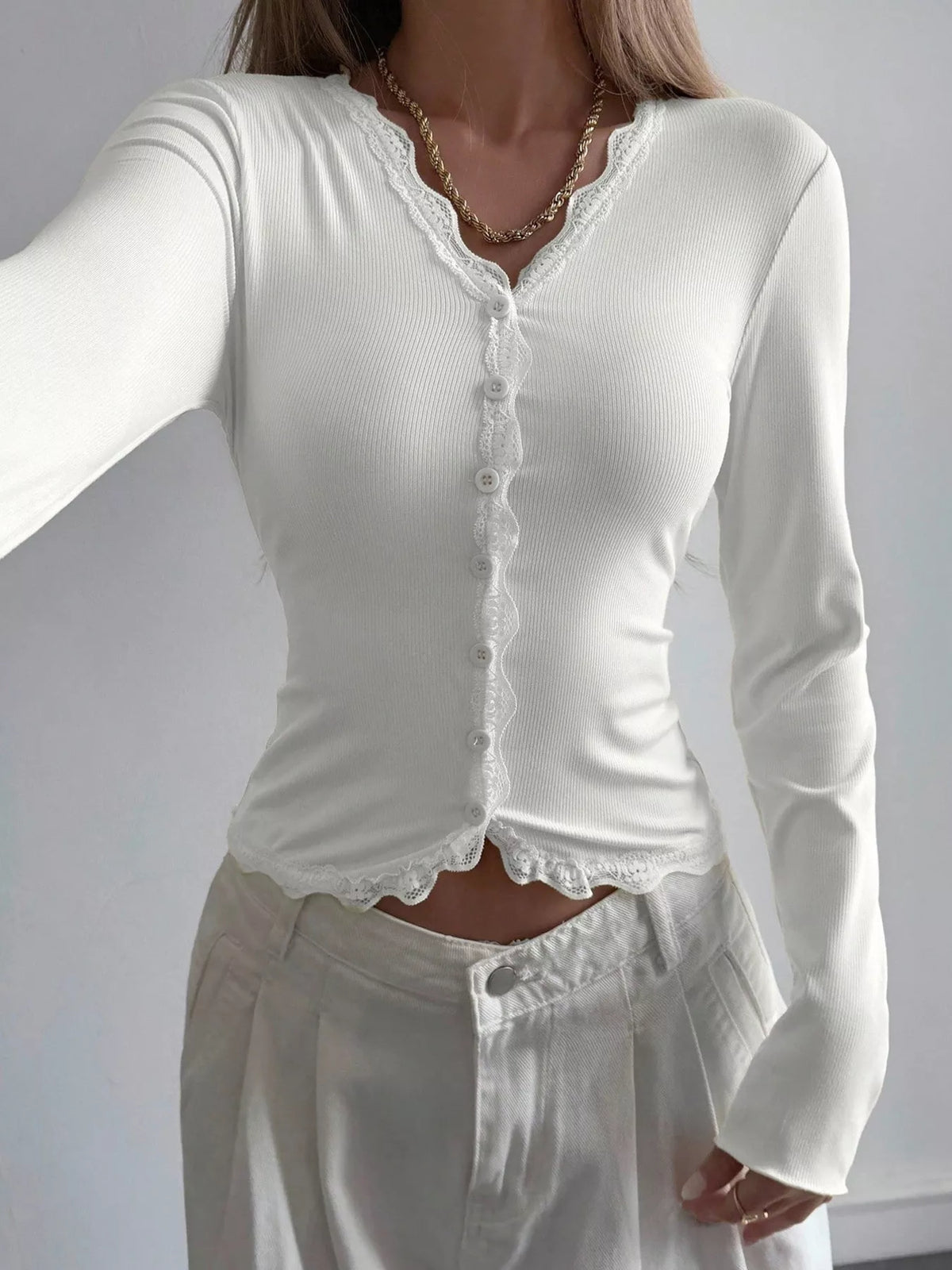 Lace Trim V-neck Ribbed Long Sleeve Blouse (6)