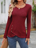 Decorative Button Round Neck Long Sleeve T-shirt (22)