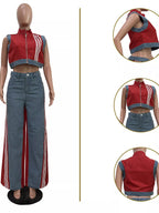 Zip Front Crop Top Striped Pants Set (11)