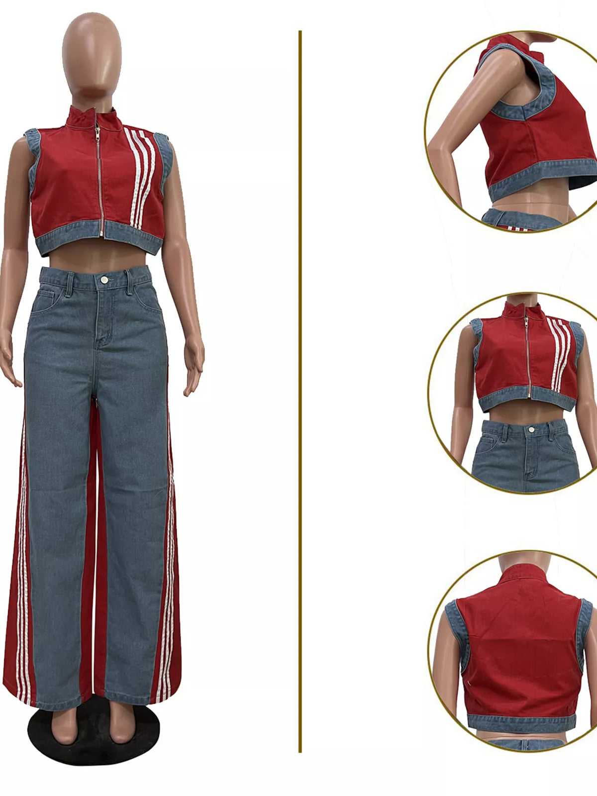 Zip Front Crop Top Striped Pants Set (11)