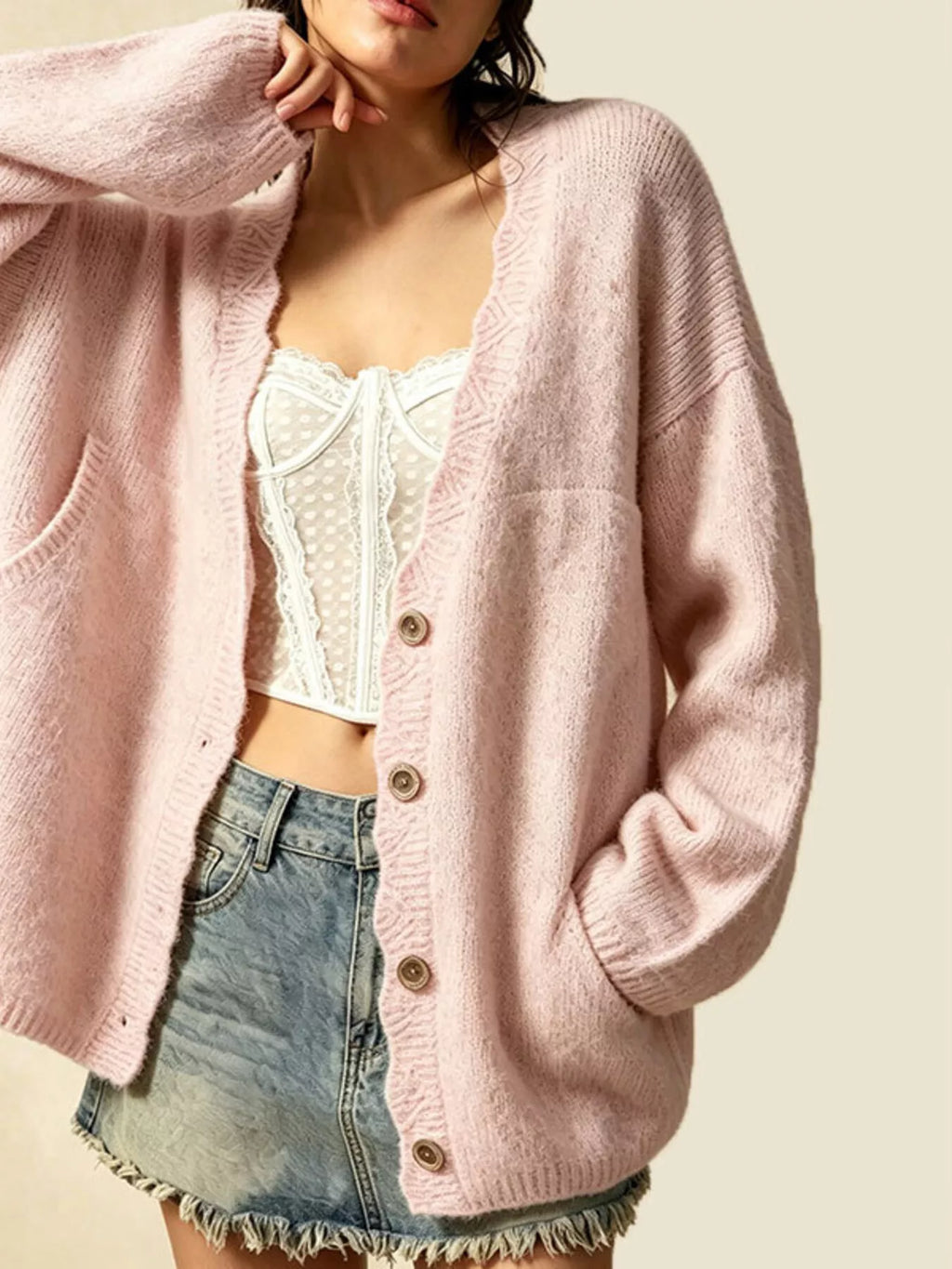 V-neck Button-down Knit Cardigan (9)
