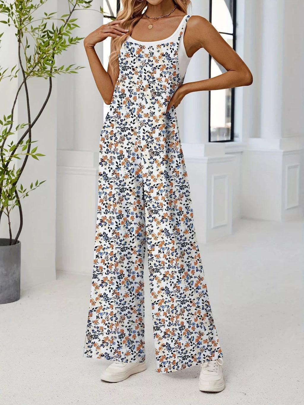 Full Size Floral Print Wide Leg Casual Jumpsuit Plus