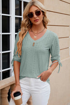 Eyelet Drawstring V-neck Half Sleeve T-shirt (31)