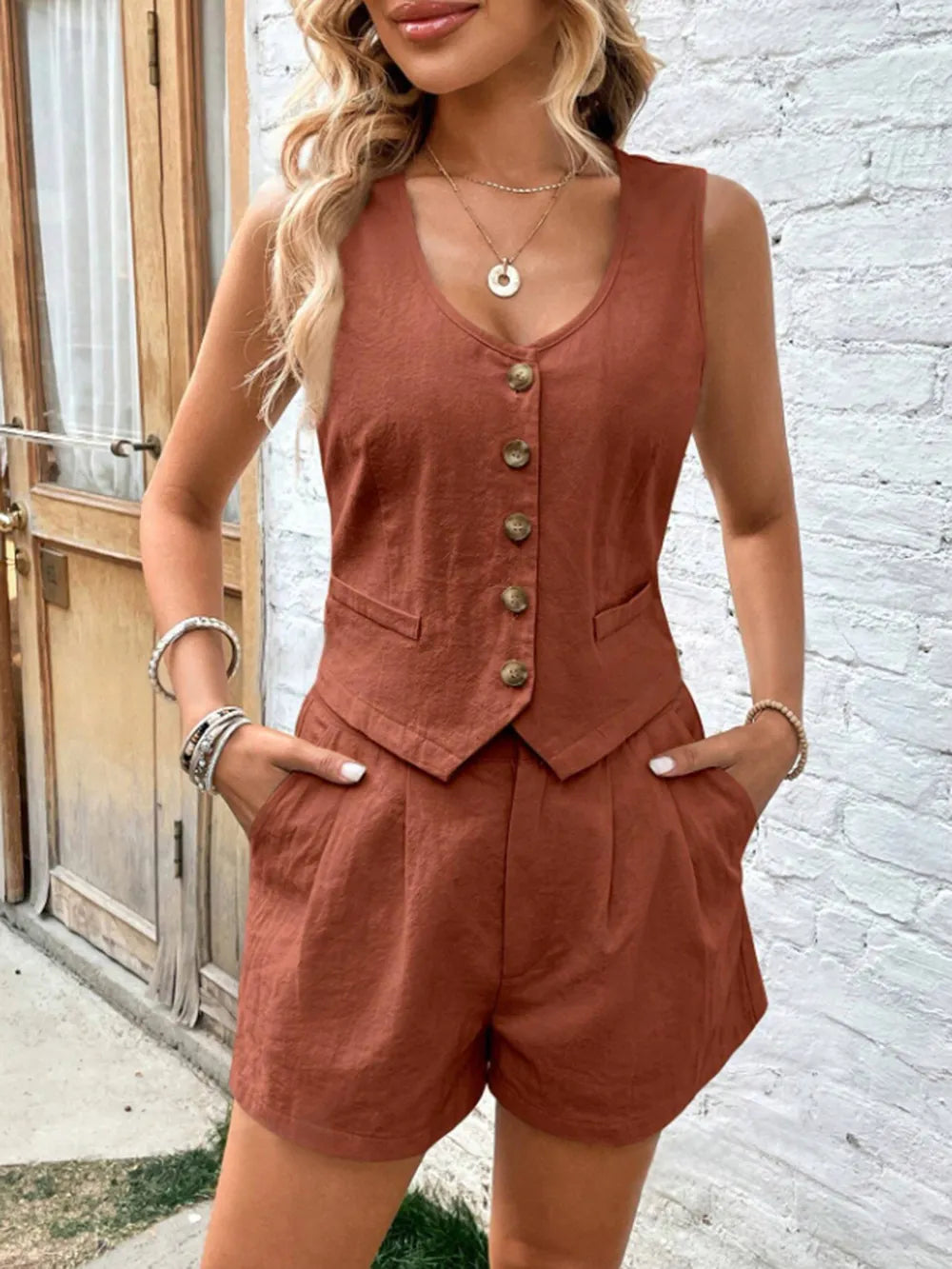 Scoop Neck Sleeveless Top Shorts Set