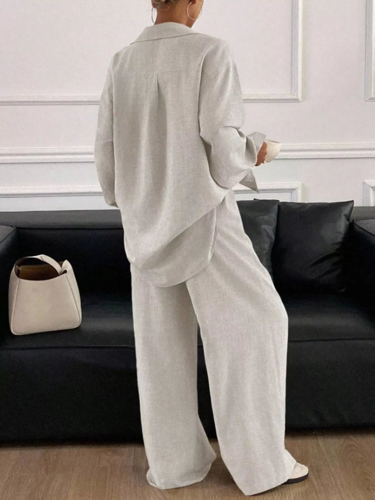 Button Up Long Sleeve Shirt Wide Leg Pants Set (4)