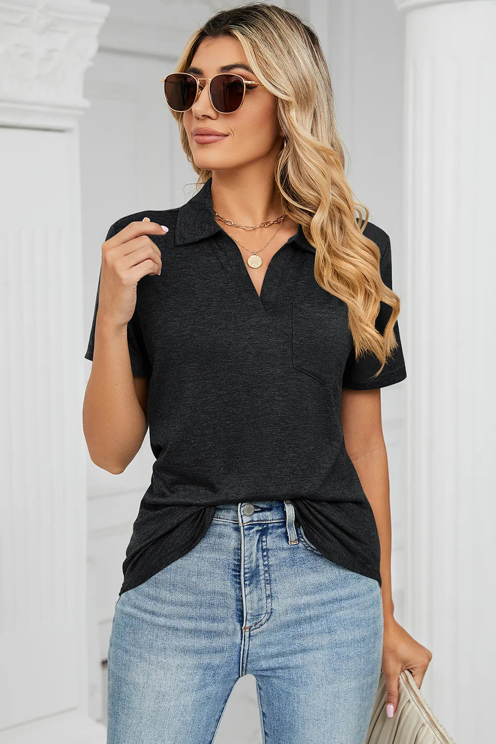 Johnny Collar Short Sleeve Blouse (19)