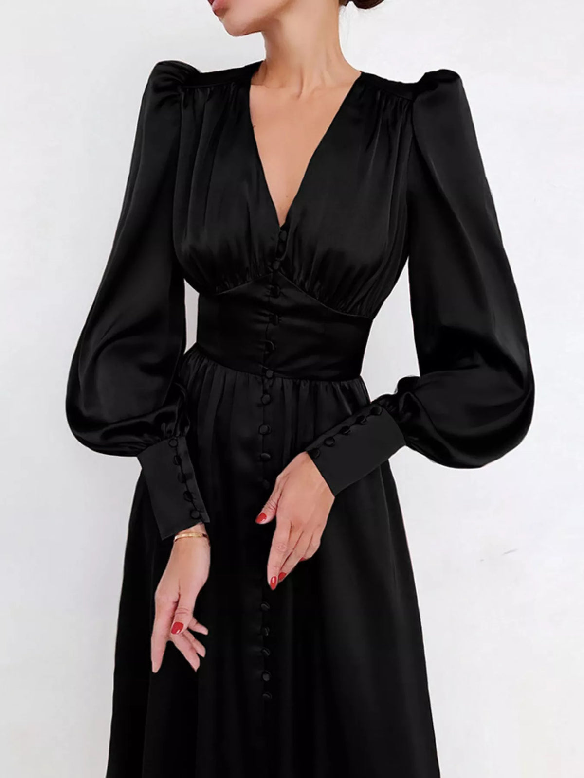 Elegant V-neck Puff Sleeve Button-down Midi Dress (17)