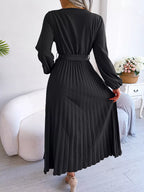 Elegant Pleated Front Tie Long Sleeve Dress (15)