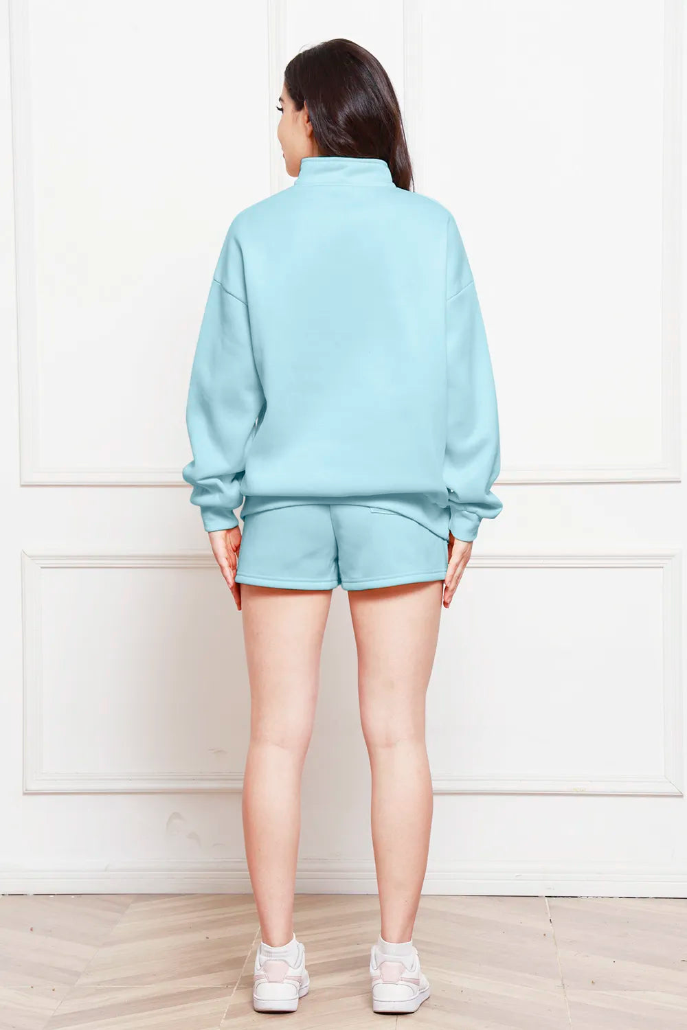 Half Zip Long Sleeve Sweatshirt Drawstring Shorts Set (2)