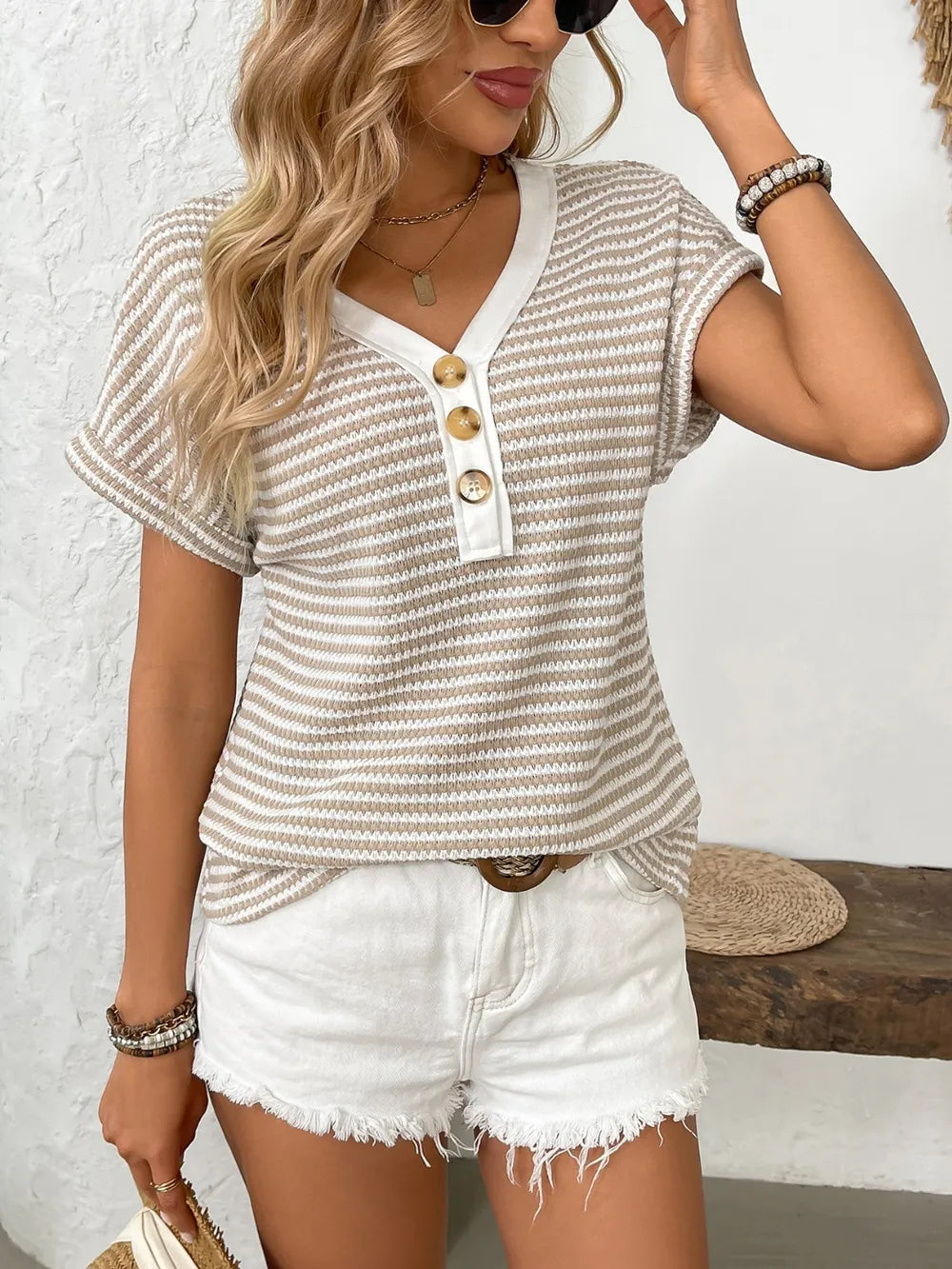 Striped V-neck Short Sleeve T-shirt (16)