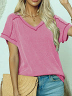 Exposed Seam V-neck Short Sleeve Top (5)