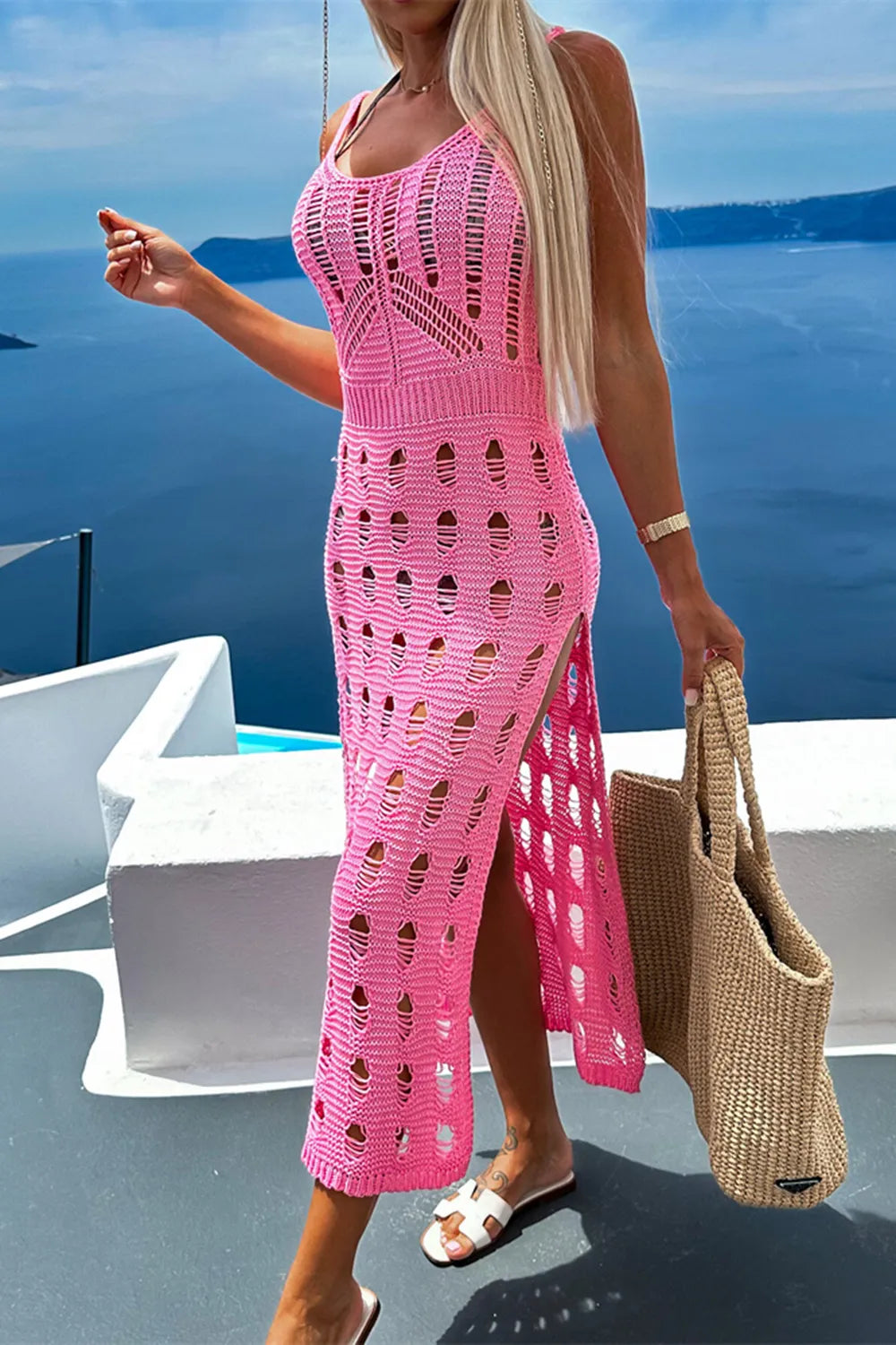 Openwork Slit Scoop Neck Sleeveless Cover Up (8)