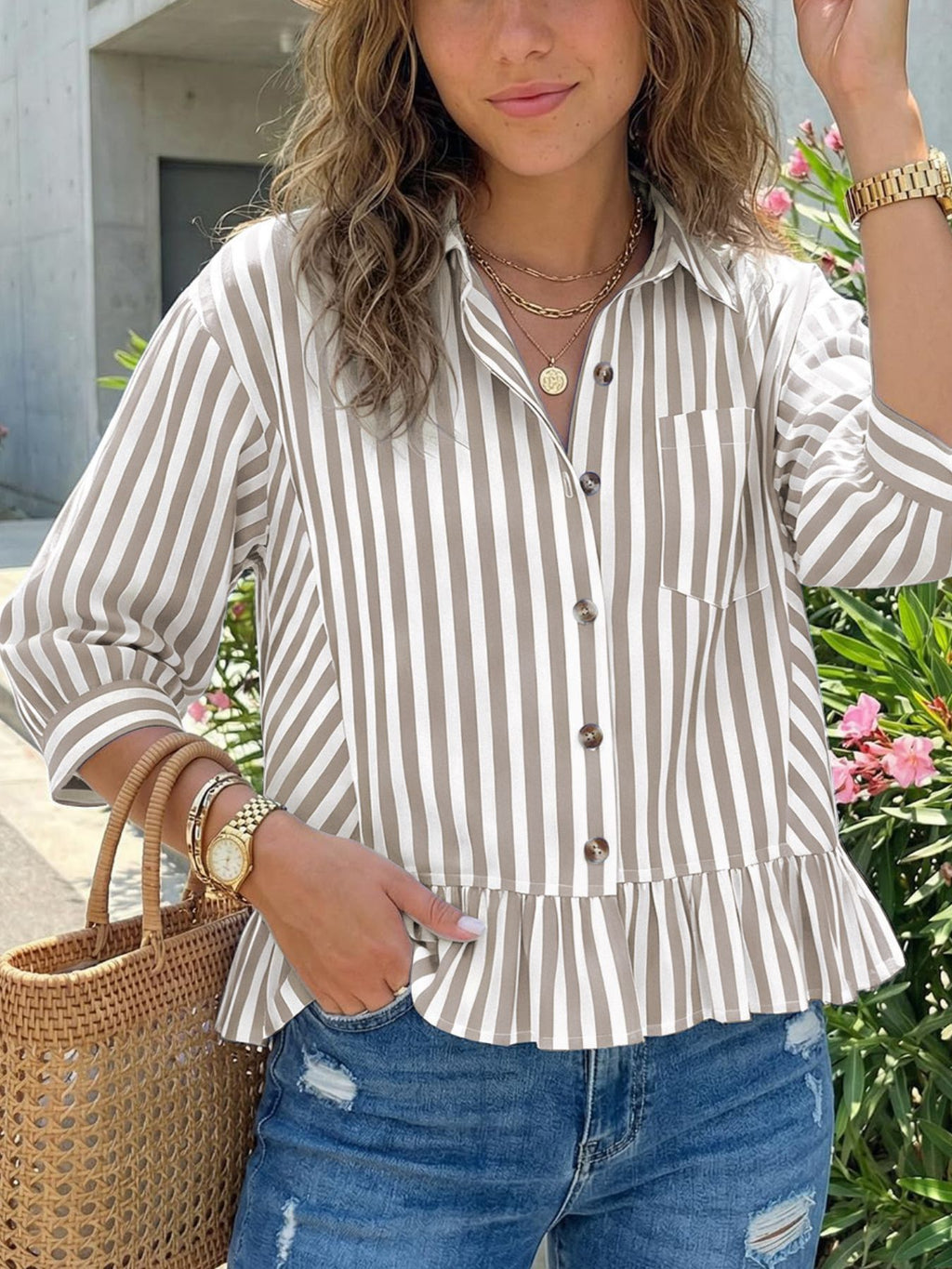 Striped Ruffle Hem Button-down Shirt (19)