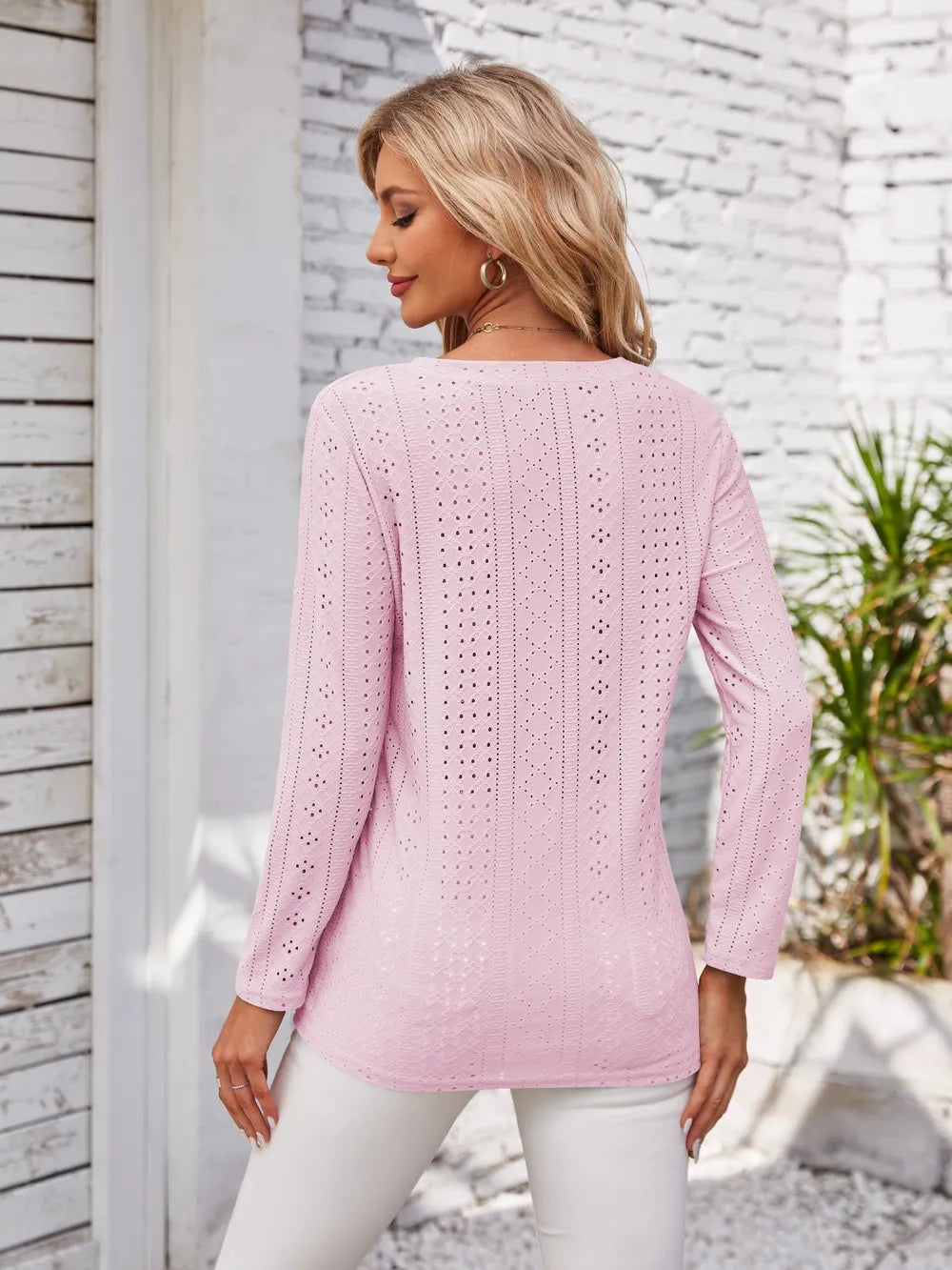 Decorative Button Openwork V-neck T-shirt (9)