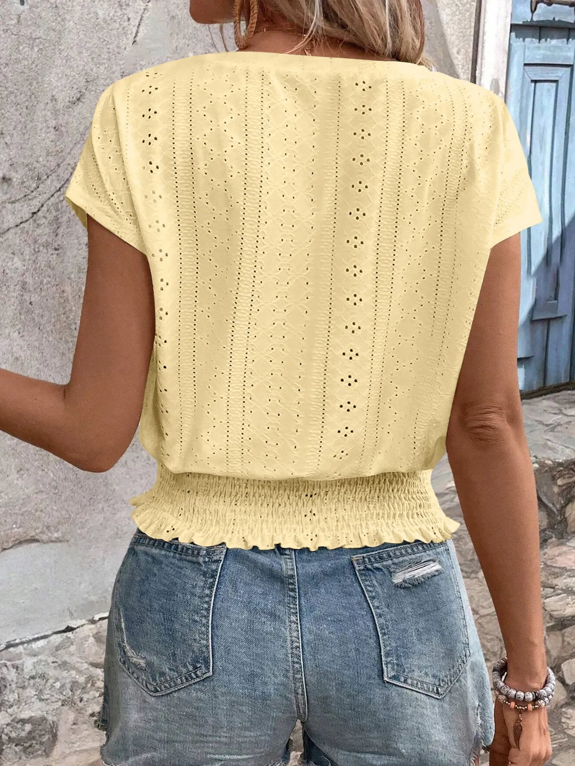 Eyelet V-neck Short Sleeve Blouse (11)