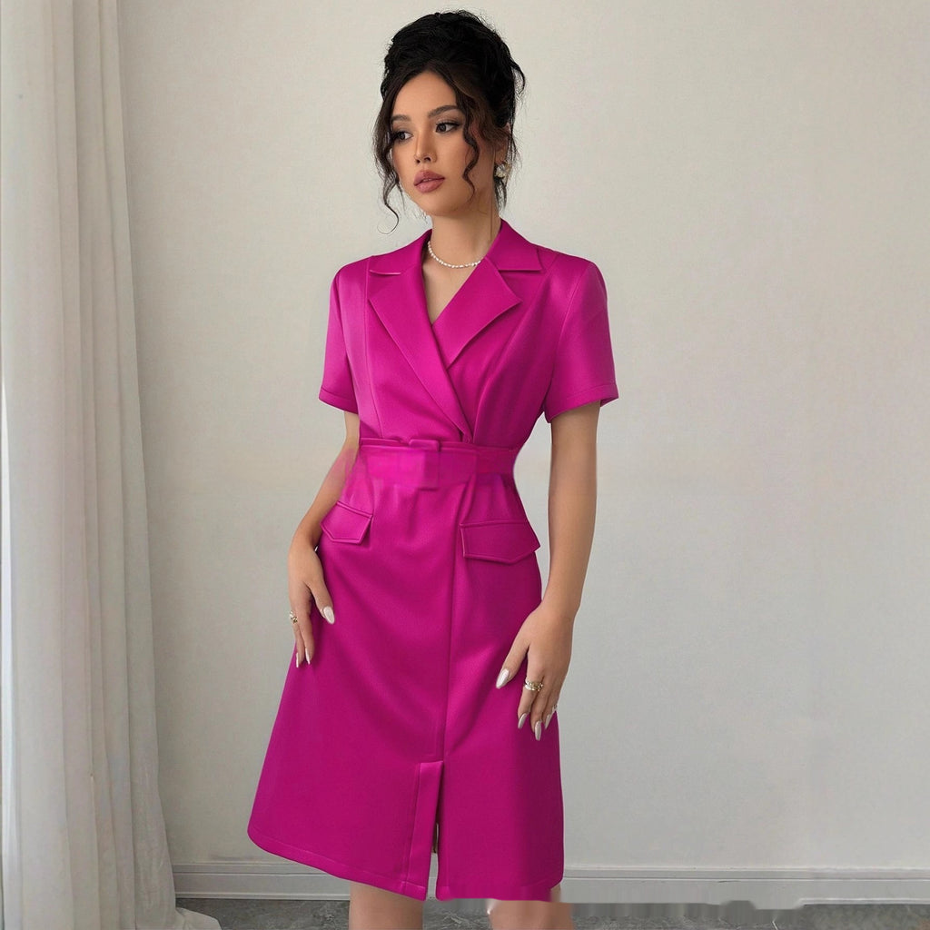 Summer Solid Color Elegant Short Sleeve Shirt Dress variant CJLY246010701AZ|CJLY246010702BY|CJLY246010703CX|CJLY246010704DW|CJLY246010705EV