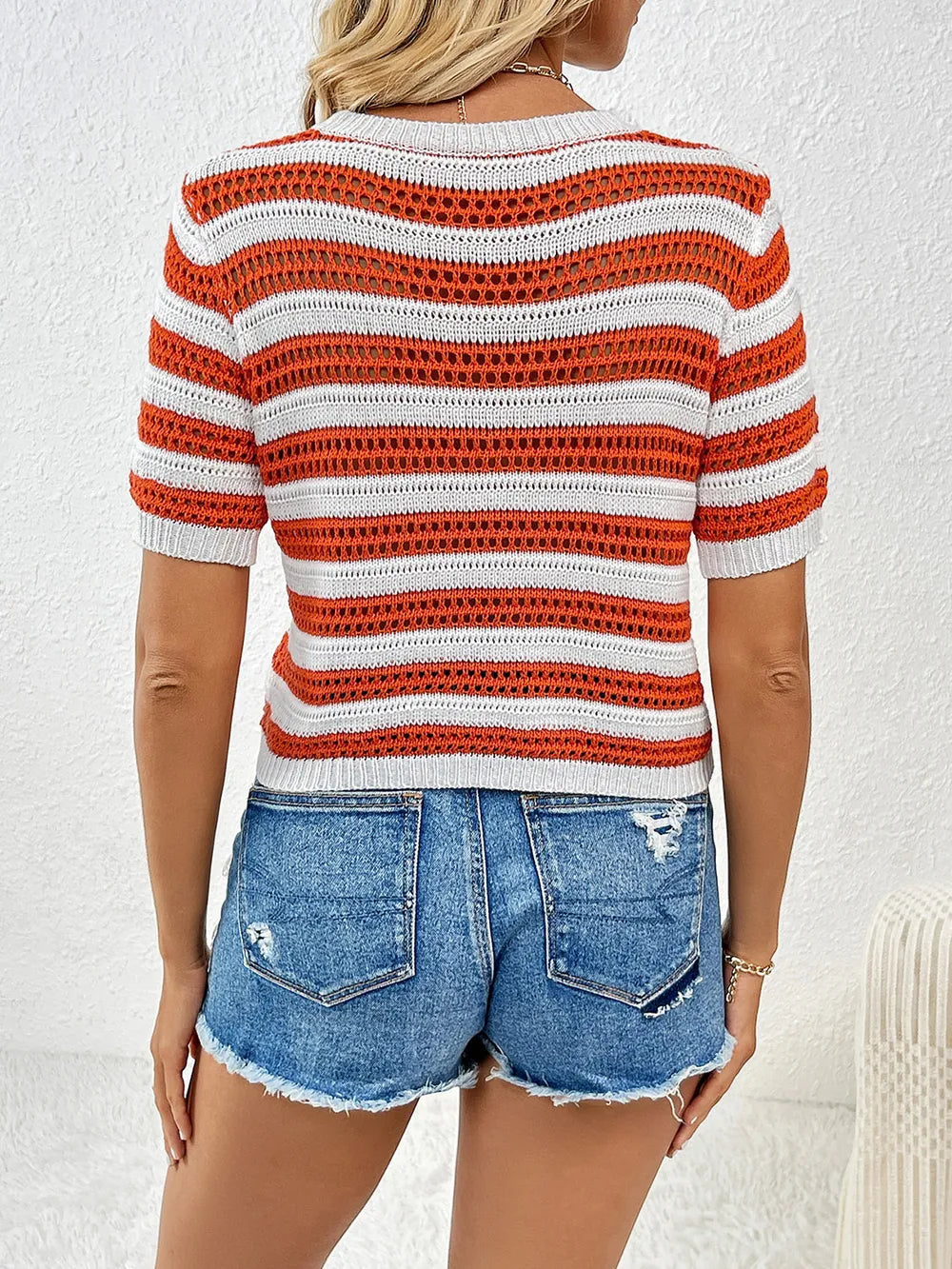 Openwork Striped Round Neck Short Sleeve Knit Top (2)
