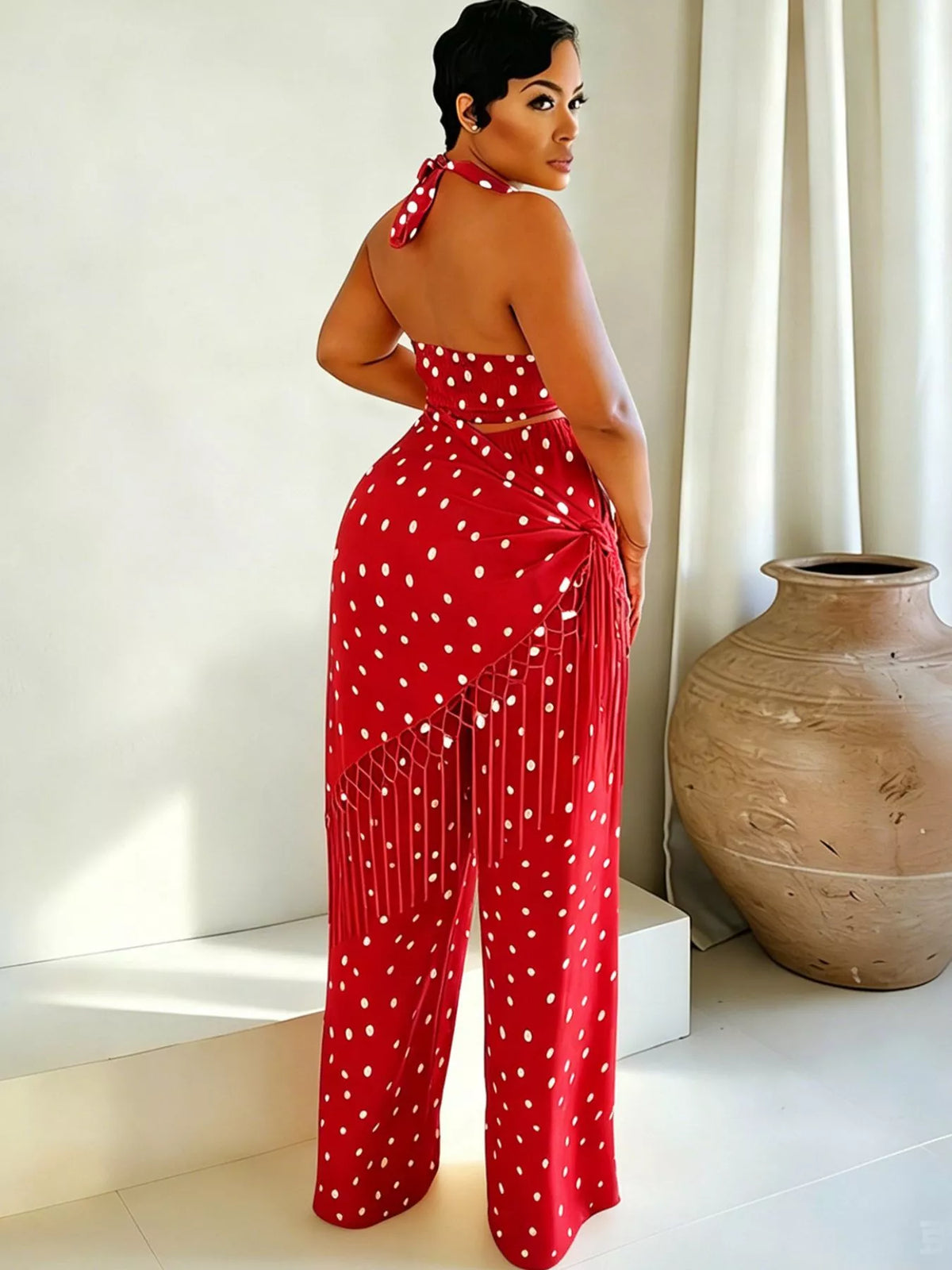 Polka Dot Halter Neck Cami Fringe Trim Pants Set (13)