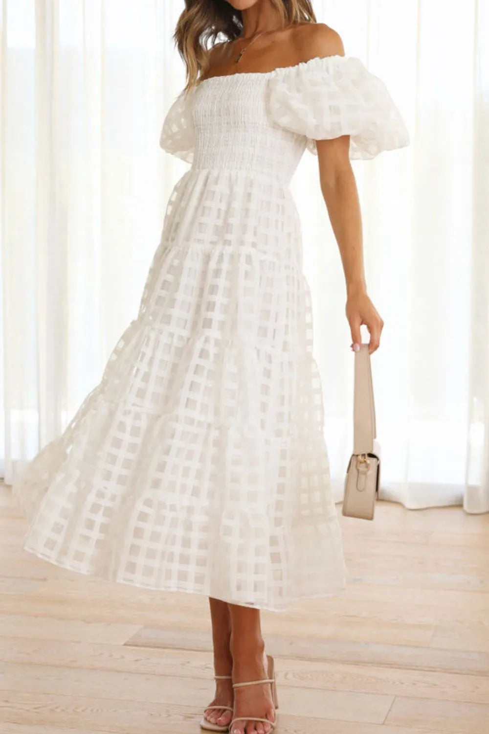 Off Shoulder Short Puff Sleeve Midi Dress (12)